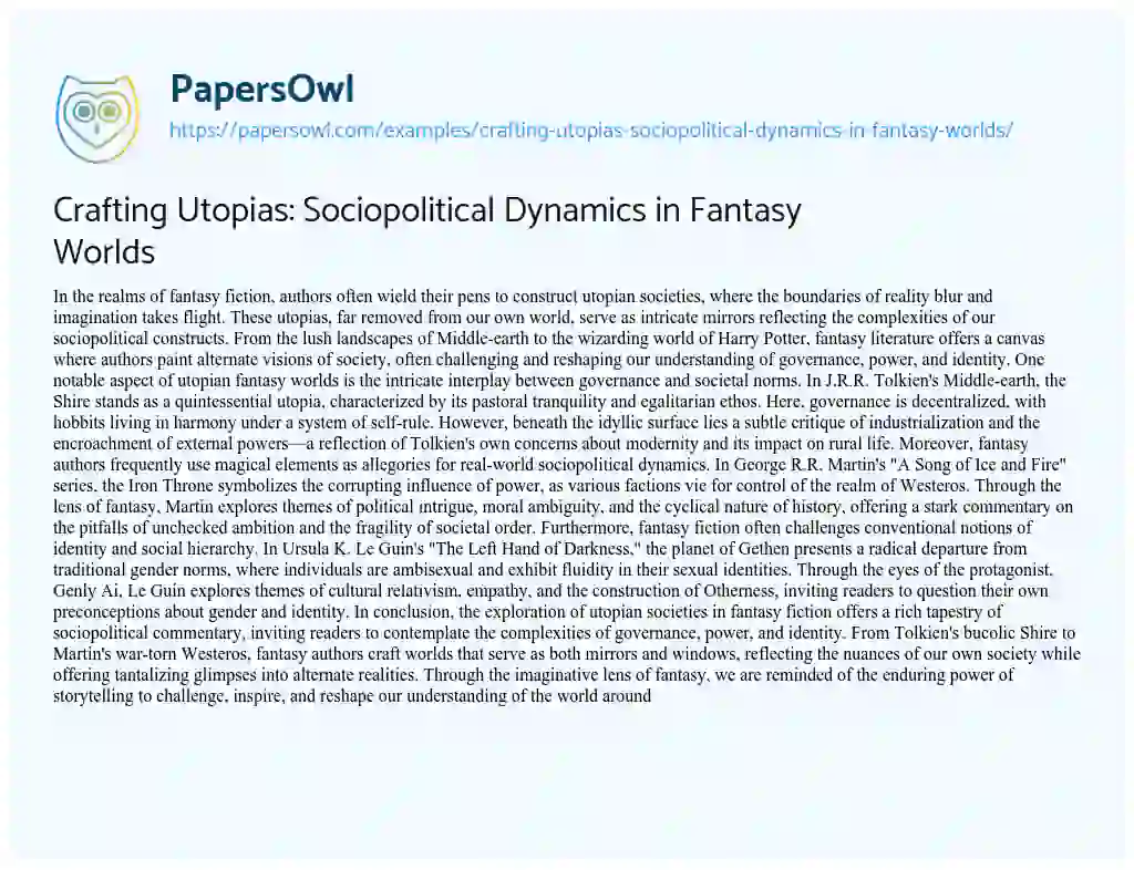 Essay on Crafting Utopias: Sociopolitical Dynamics in Fantasy Worlds