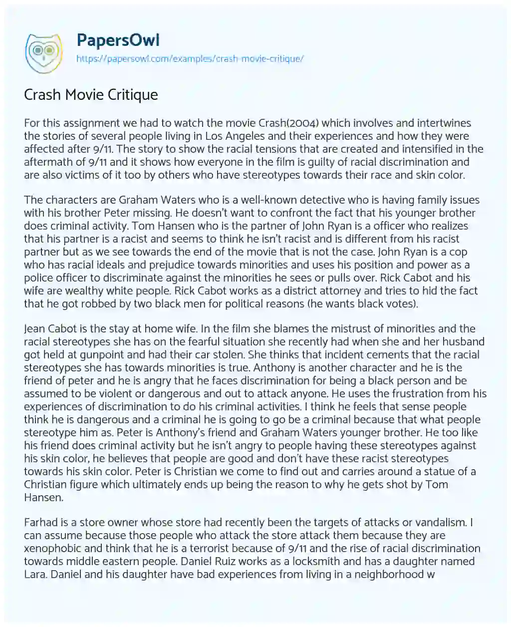 Essay on Crash Movie Critique