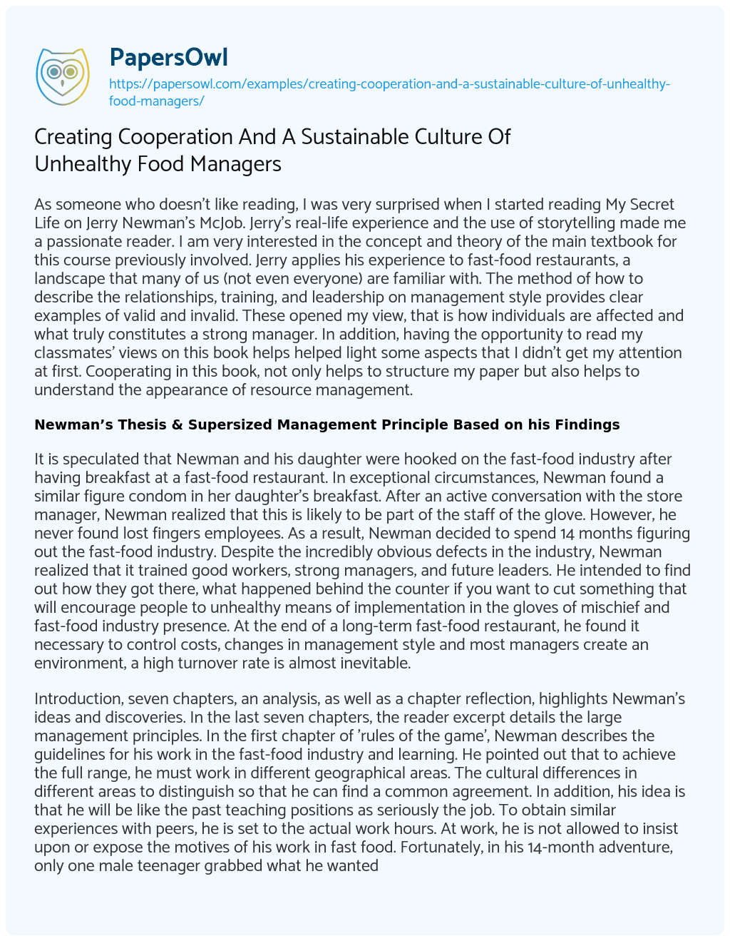 Essay on Creating Cooperation and a Sustainable Culture of Unhealthy Food Managers