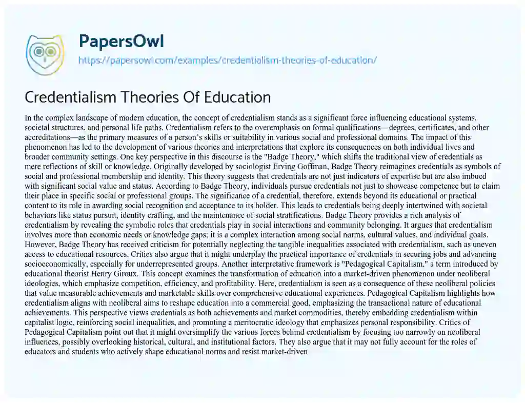 Essay on Credentialism Theories of Education