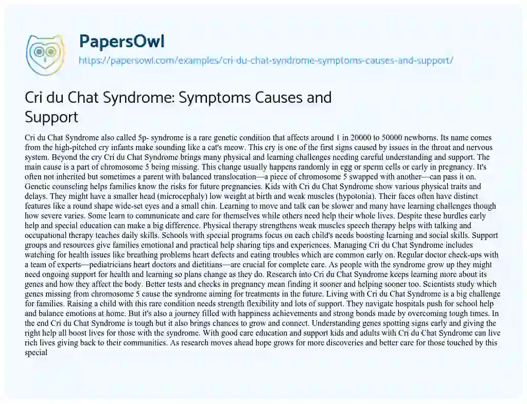 Essay on Cri Du Chat Syndrome: Symptoms Causes and Support