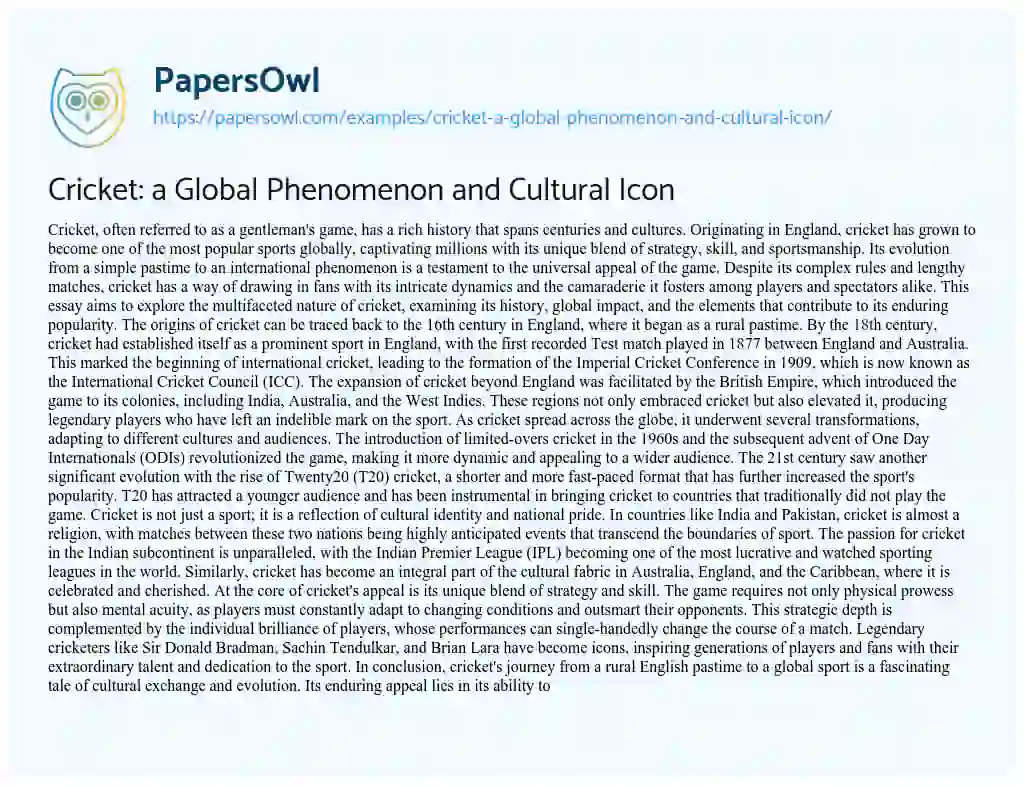 Essay on Cricket: a Global Phenomenon and Cultural Icon