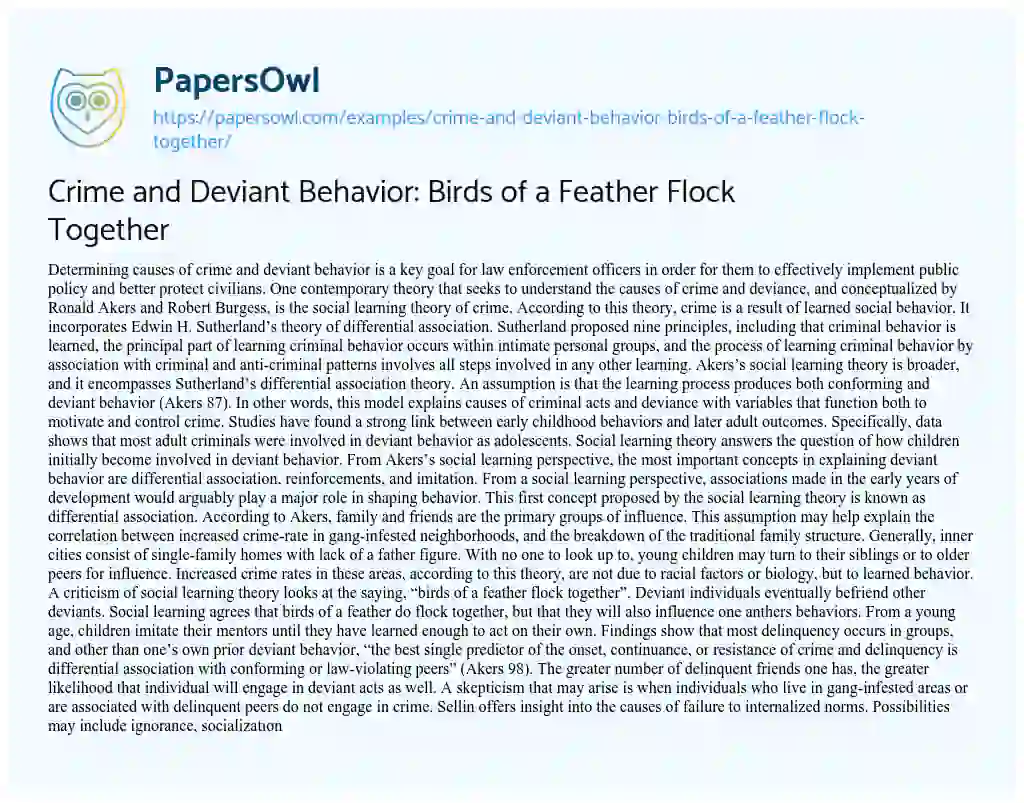 Essay on Crime and Deviant Behavior: Birds of a Feather Flock Together