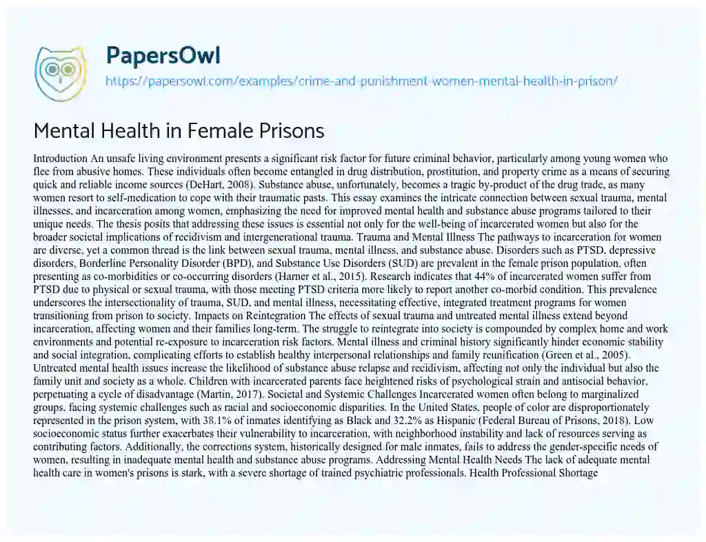 Essay on Crime and Punishment: Women Mental Health in Prison