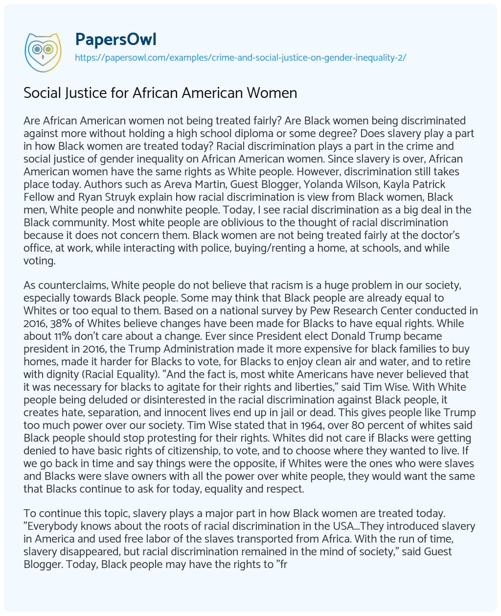 Essay on Social Justice for African American Women