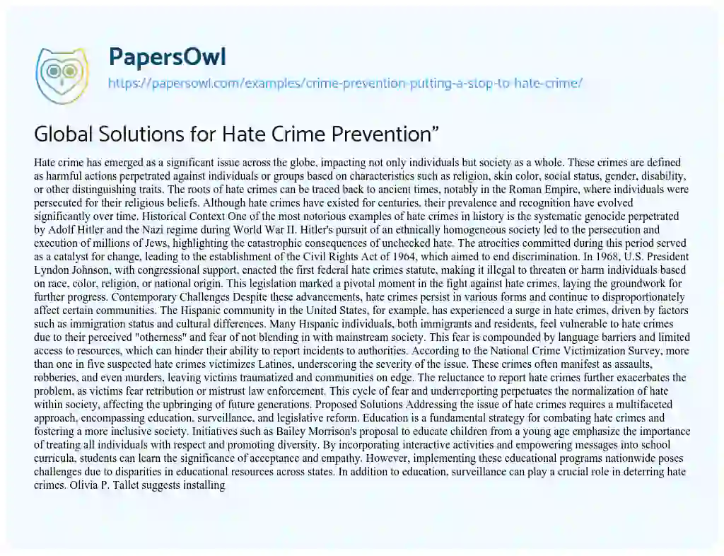 Essay on Crime Prevention: Putting a Stop to Hate Crime