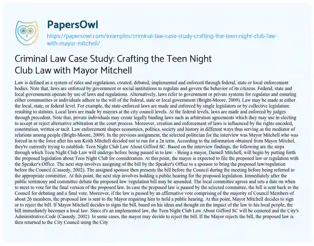 Essay on Criminal Law Case Study: Crafting the Teen Night Club Law with Mayor Mitchell