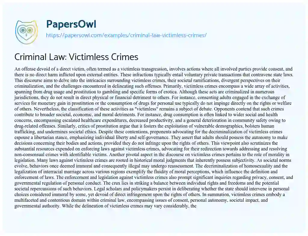 Essay on Criminal Law: Victimless Crimes