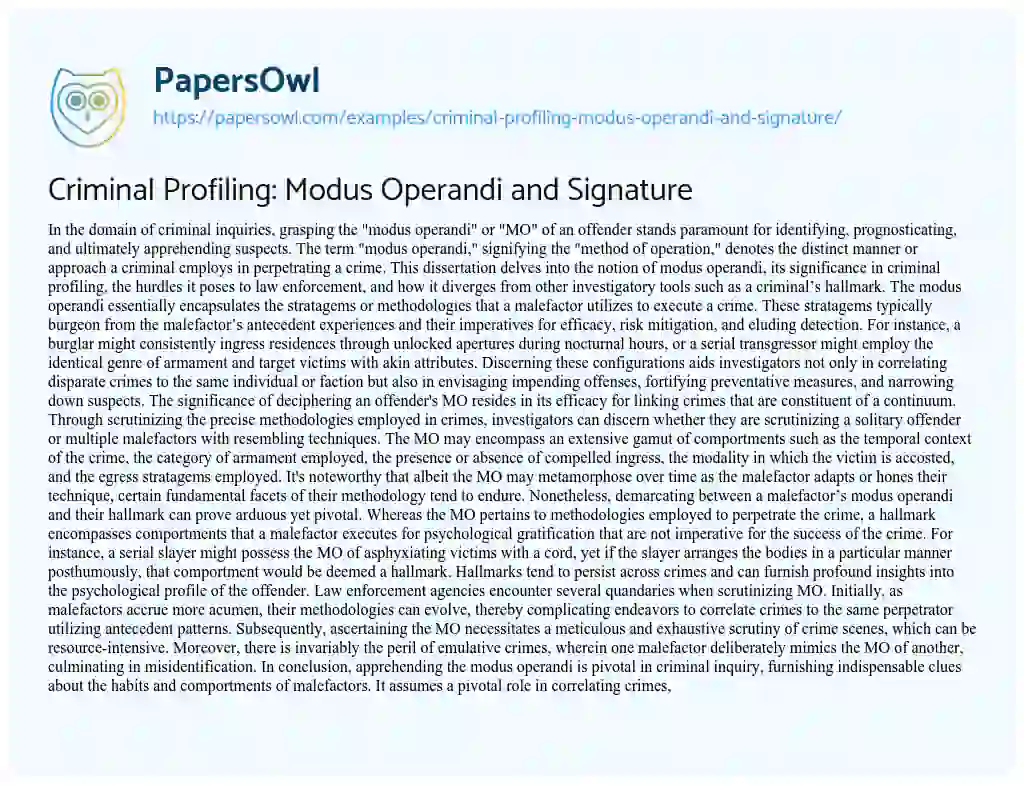 Essay on Criminal Profiling: Modus Operandi and Signature