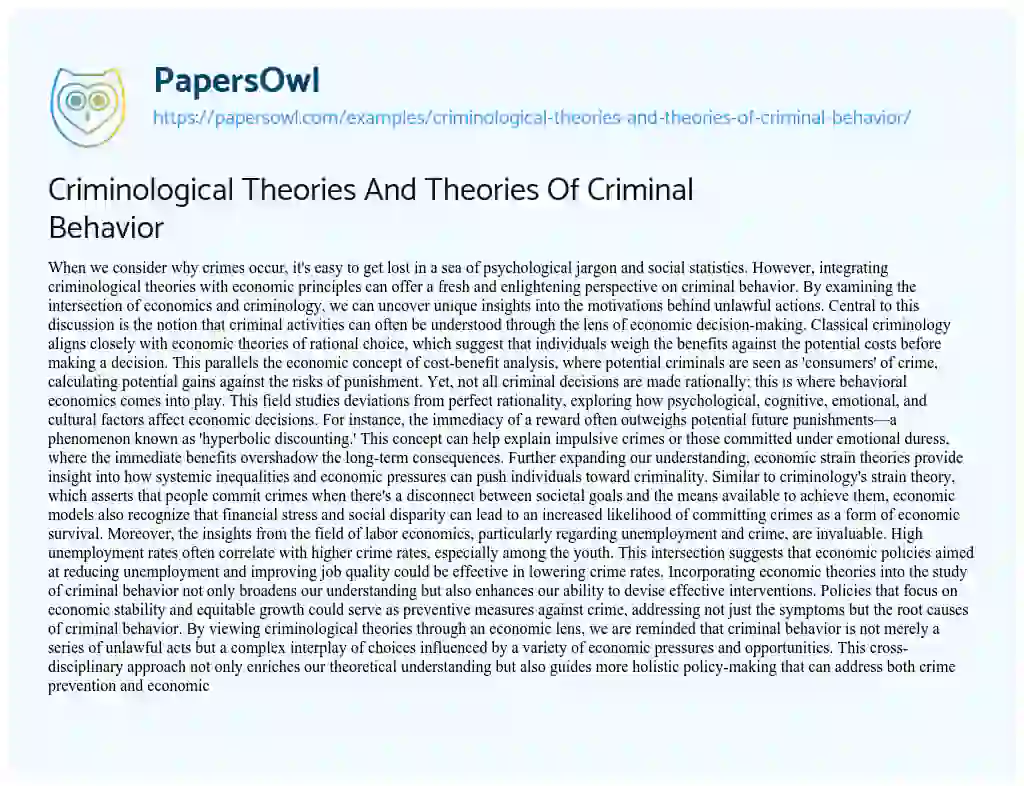 Essay on Criminological Theories and Theories of Criminal Behavior
