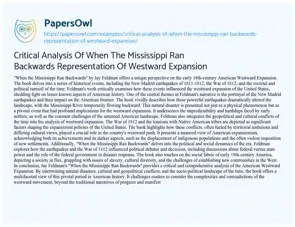 Essay on Critical Analysis of when the Mississippi Ran Backwards Representation of Westward Expansion