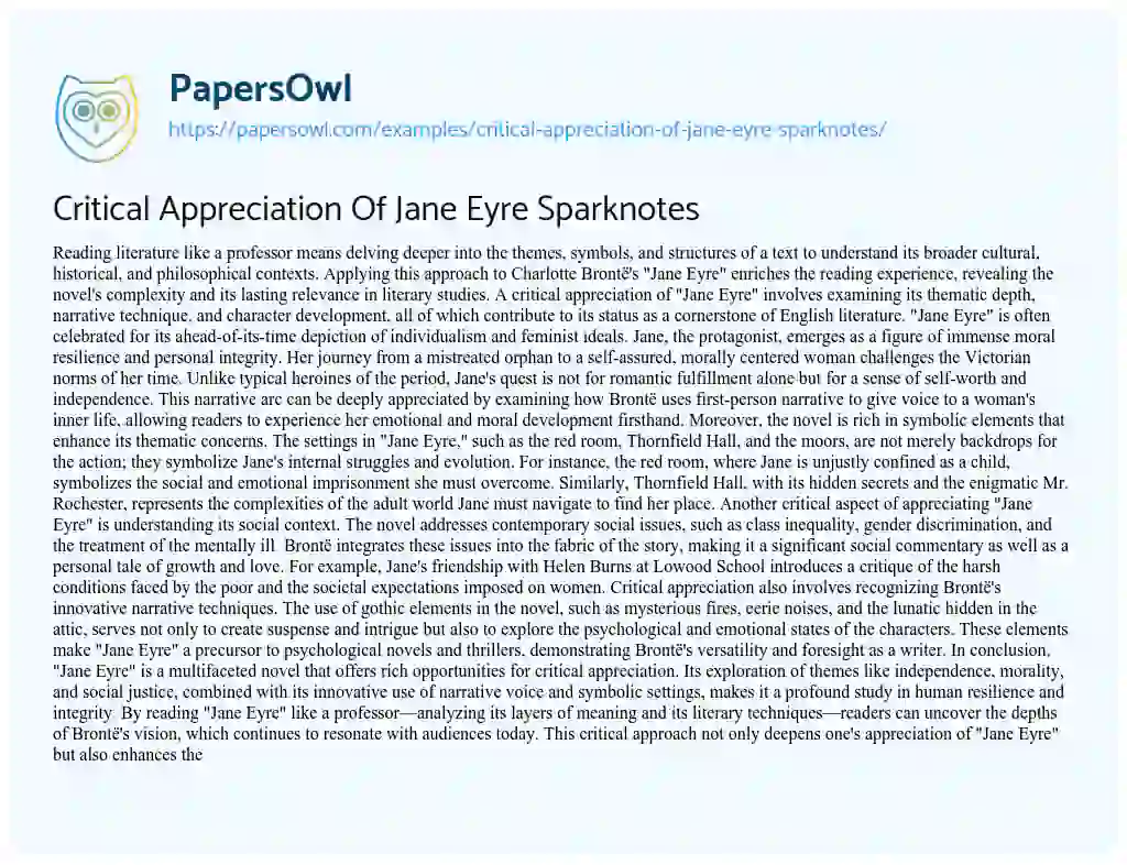 Essay on Critical Appreciation of Jane Eyre Sparknotes