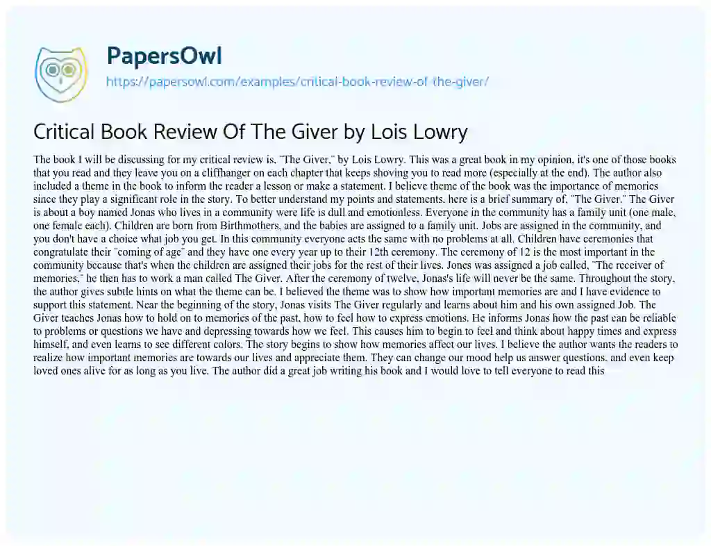Essay on Critical Book Review of the Giver by Lois Lowry