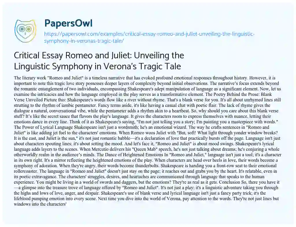 Essay on Critical Essay Romeo and Juliet: Unveiling the Linguistic Symphony in Verona’s Tragic Tale