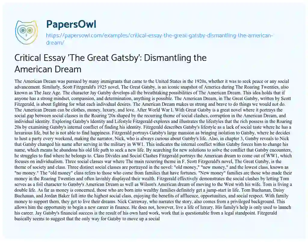 the great gatsby critical essay