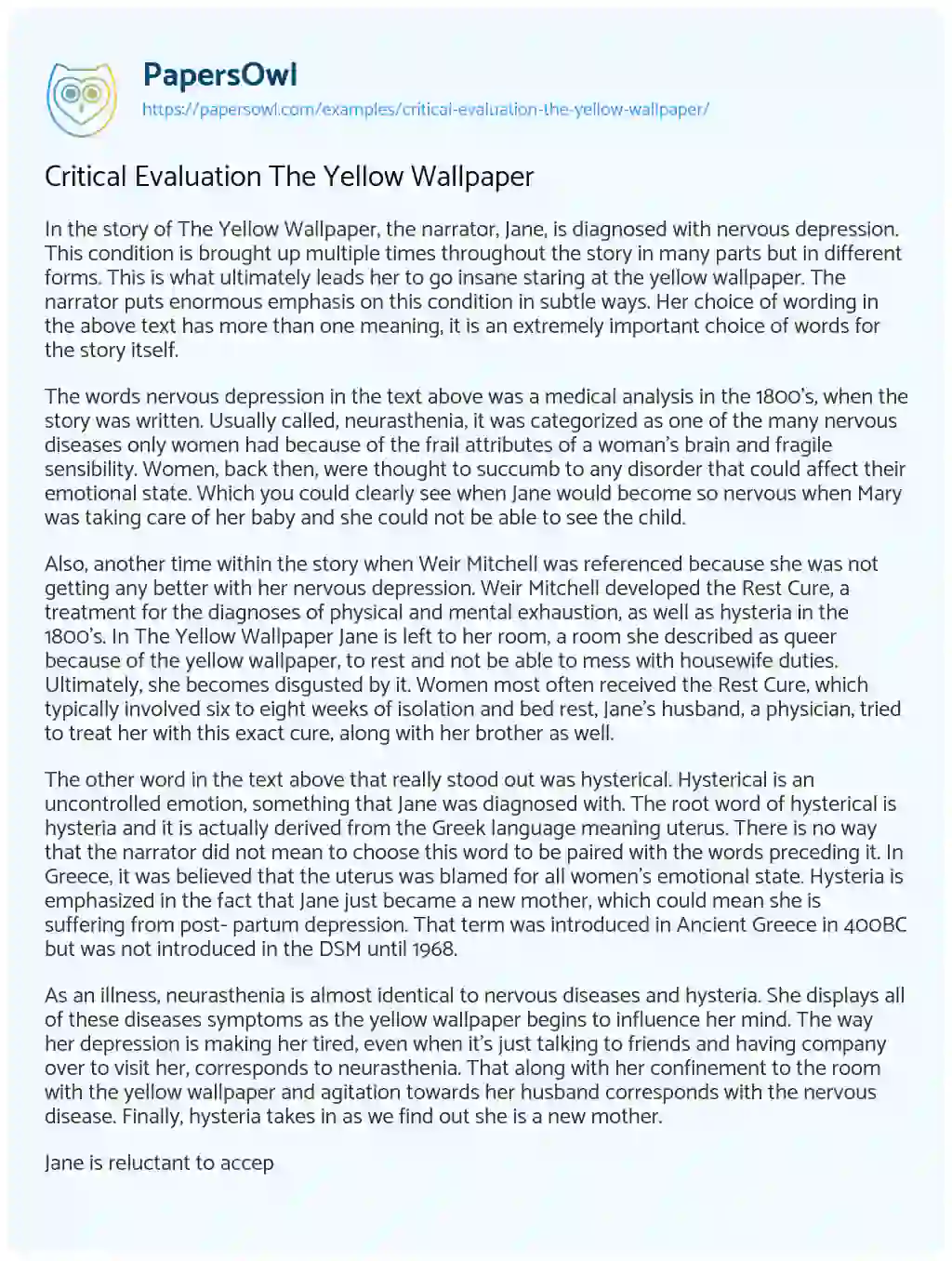 Essay on Critical Evaluation the Yellow Wallpaper