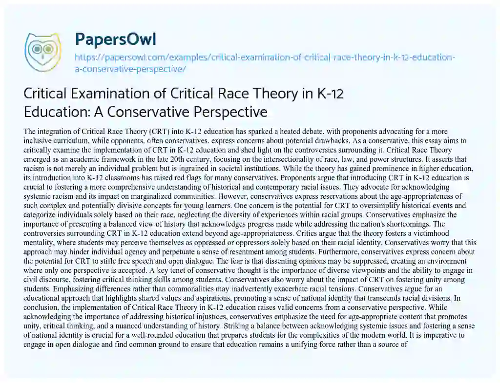 Essay on Critical Examination of Critical Race Theory in K-12 Education: a Conservative Perspective