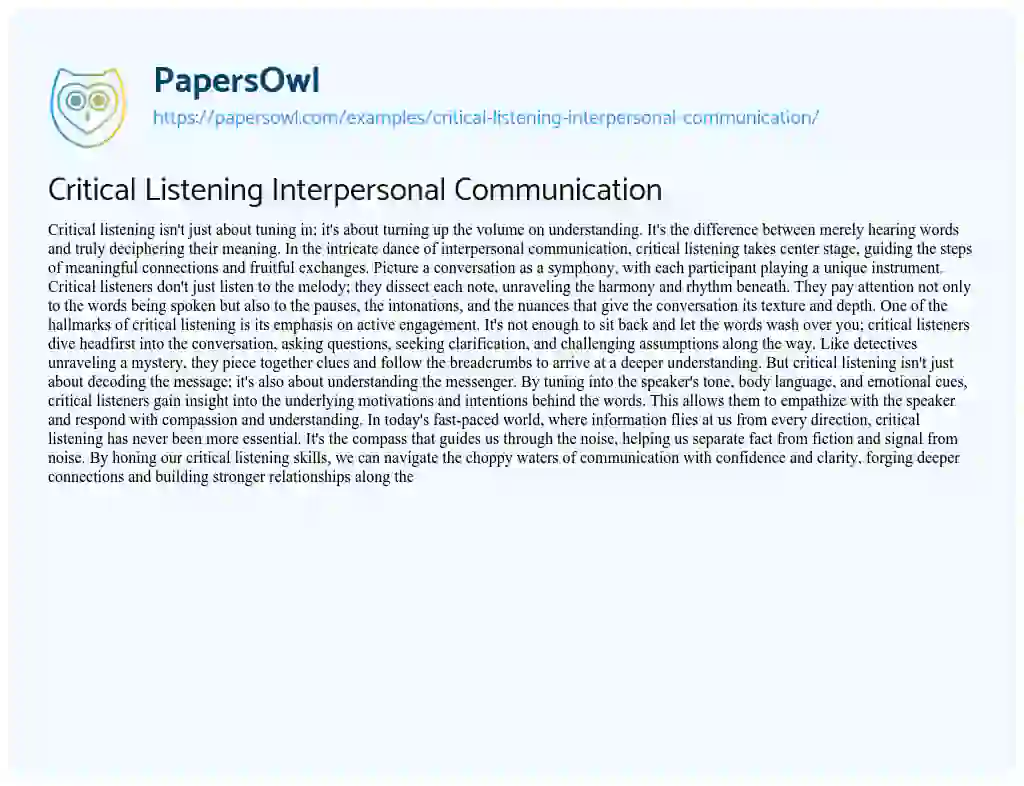 Essay on Critical Listening Interpersonal Communication