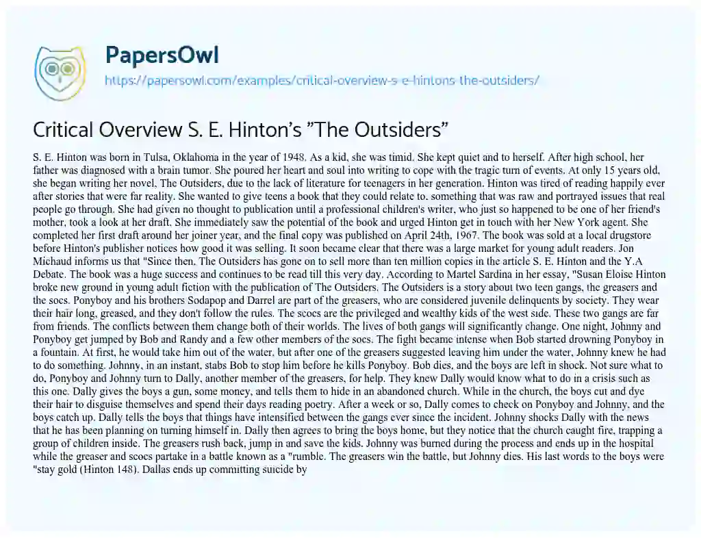 Essay on Critical Overview S. E. Hinton’s “The Outsiders”