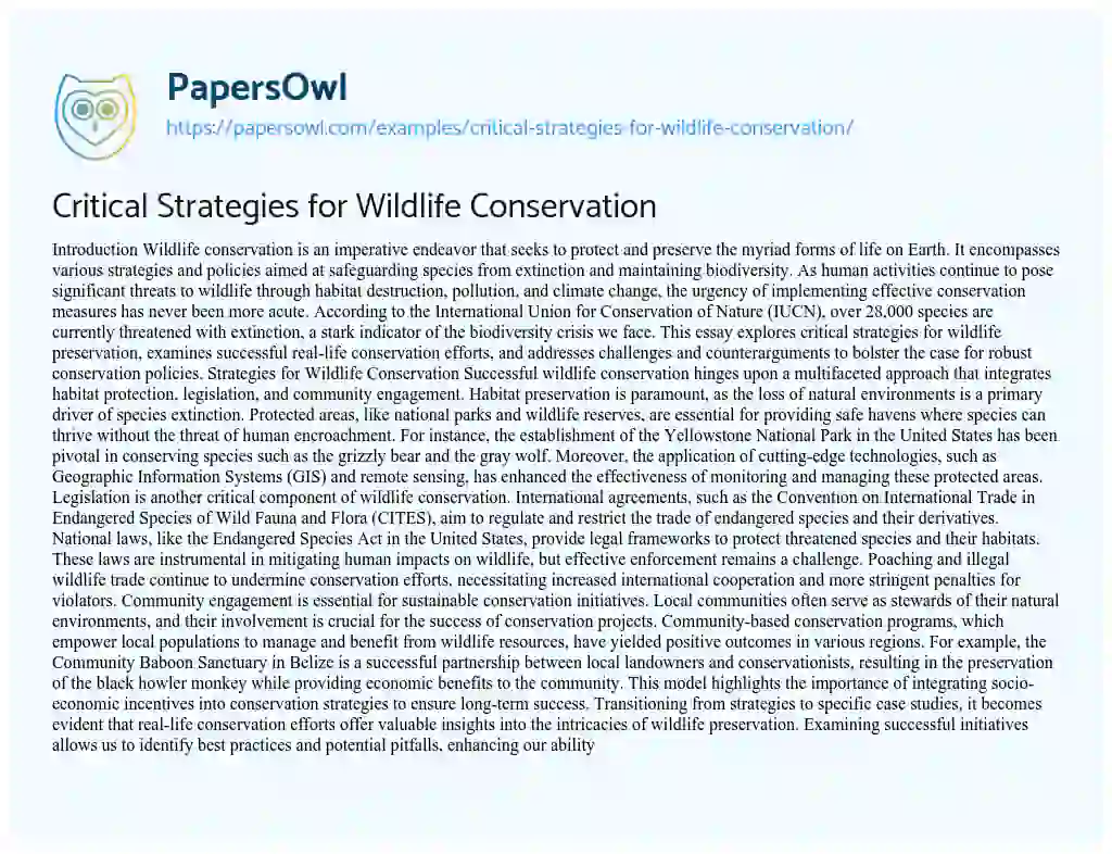 Essay on Critical Strategies for Wildlife Conservation