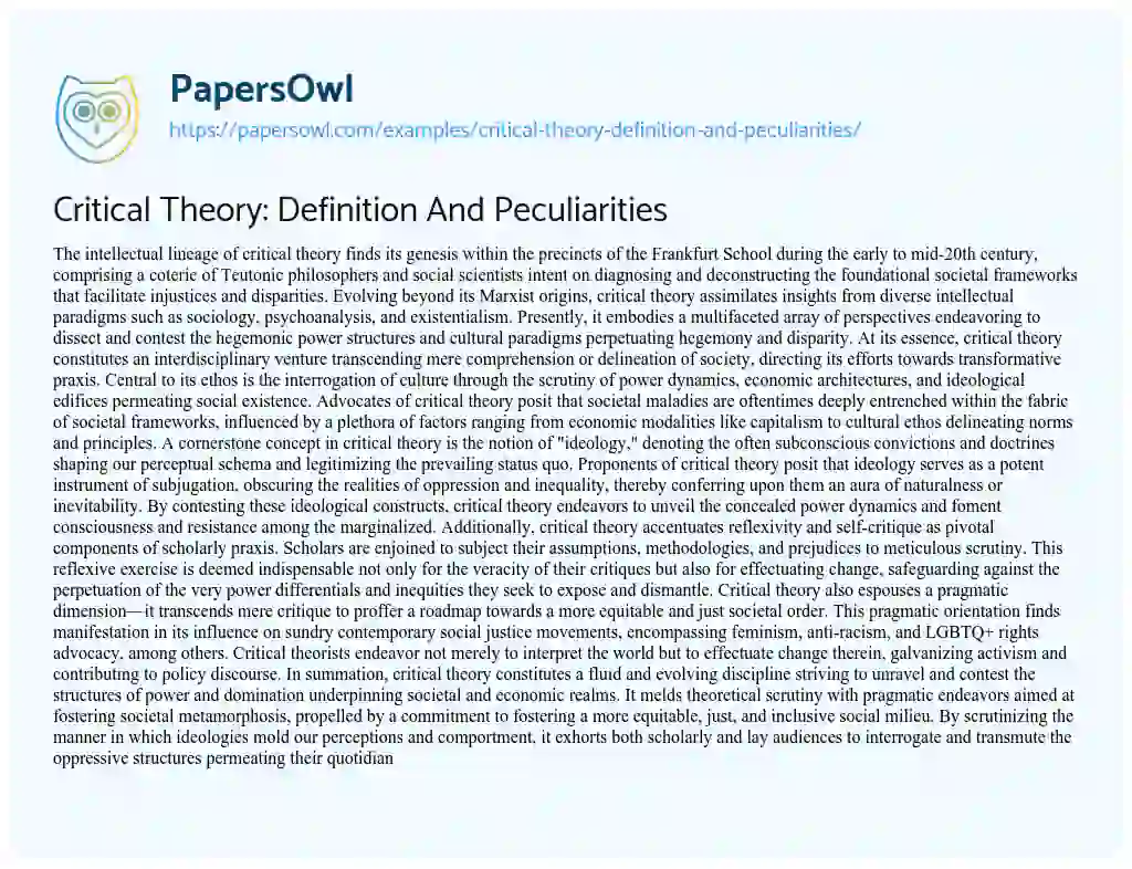 Essay on Critical Theory: Definition and Peculiarities