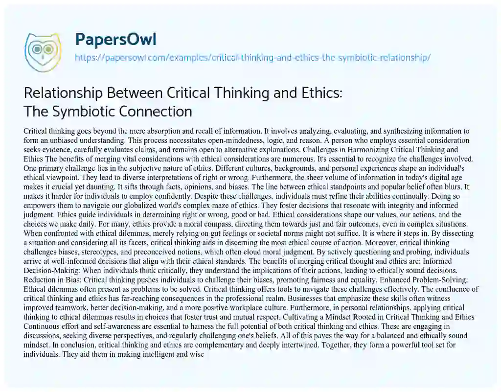 Essay on Relationship between Critical Thinking and Ethics: the Symbiotic Connection