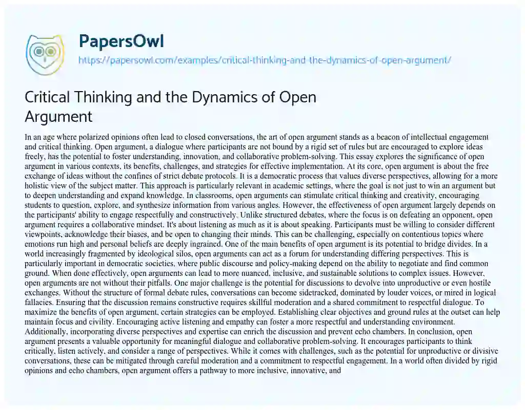Essay on Critical Thinking and the Dynamics of Open Argument