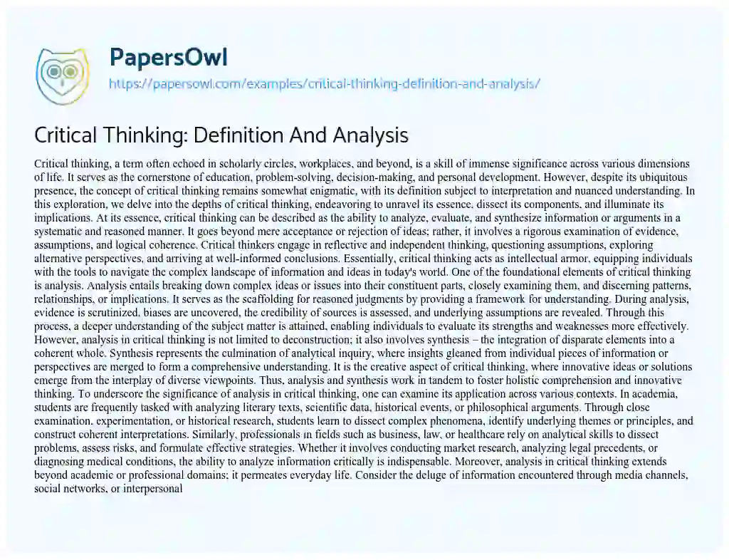 Essay on Critical Thinking: Definition and Analysis