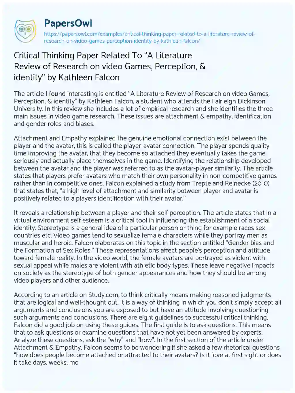 Essay on Critical Thinking Paper Related to “A Literature Review of Research on Video Games, Perception, & Identity” by Kathleen Falcon