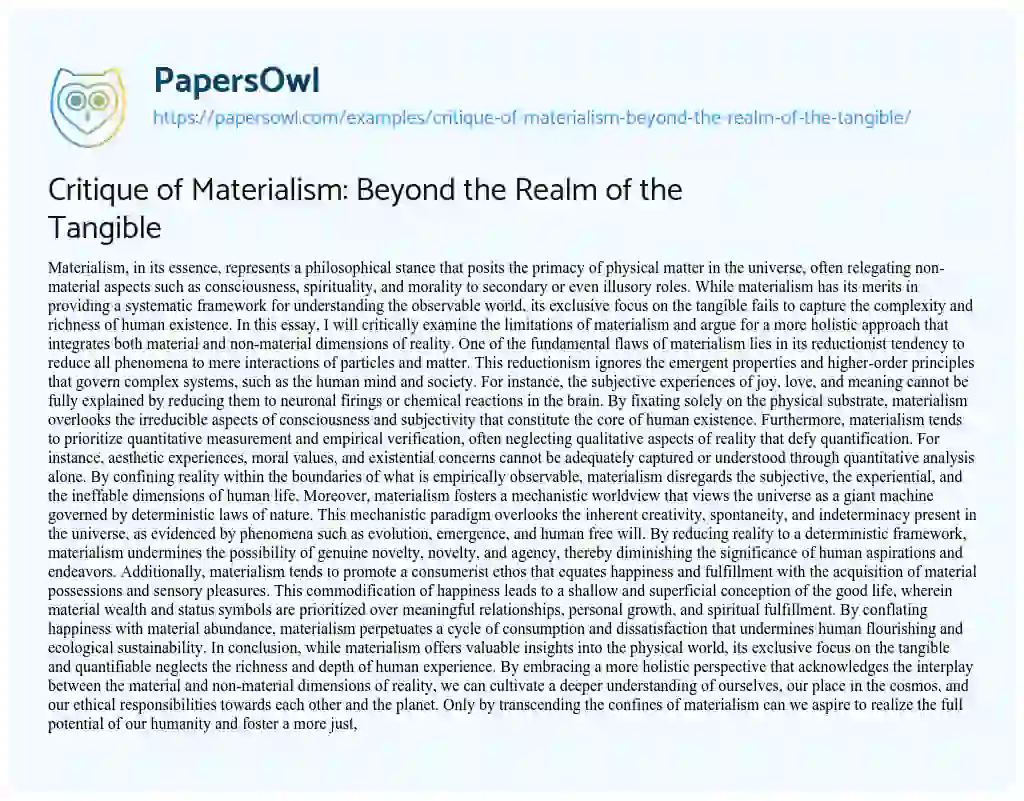 Essay on Critique of Materialism: Beyond the Realm of the Tangible