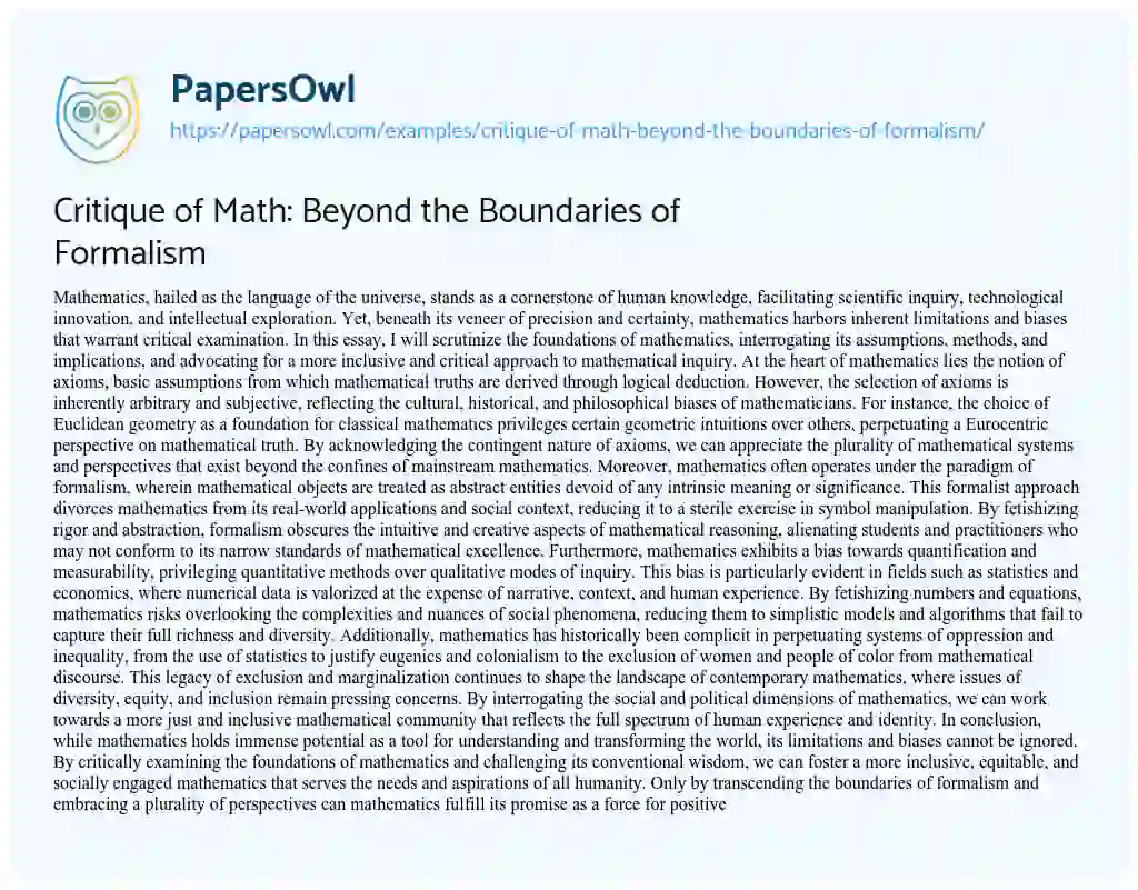 Essay on Critique of Math: Beyond the Boundaries of Formalism