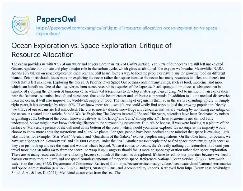 Essay on Ocean Exploration Vs. Space Exploration: Critique of Resource Allocation