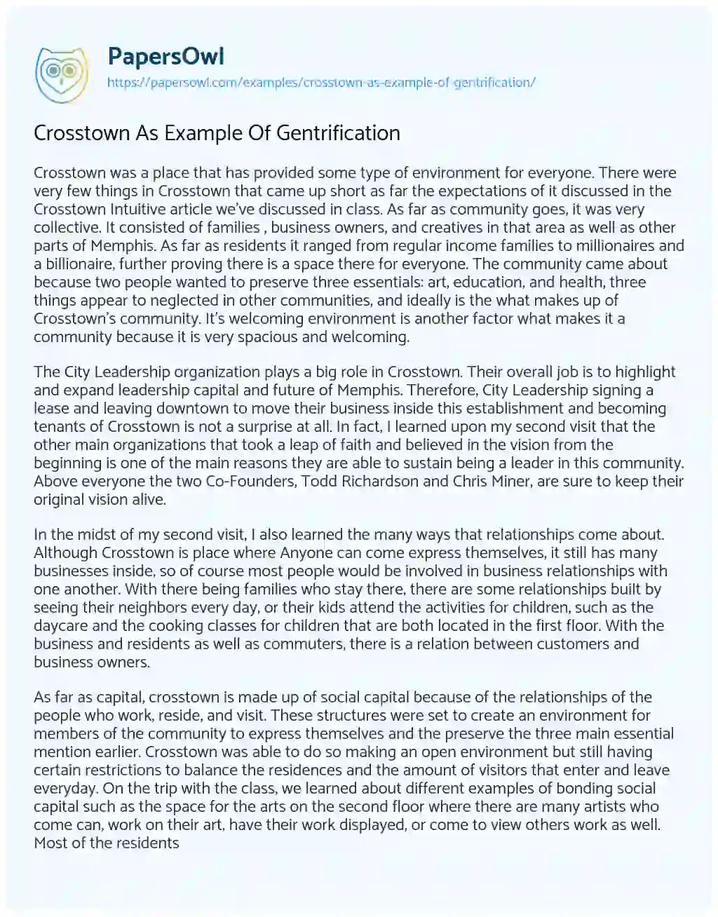Essay on Crosstown as Example of Gentrification