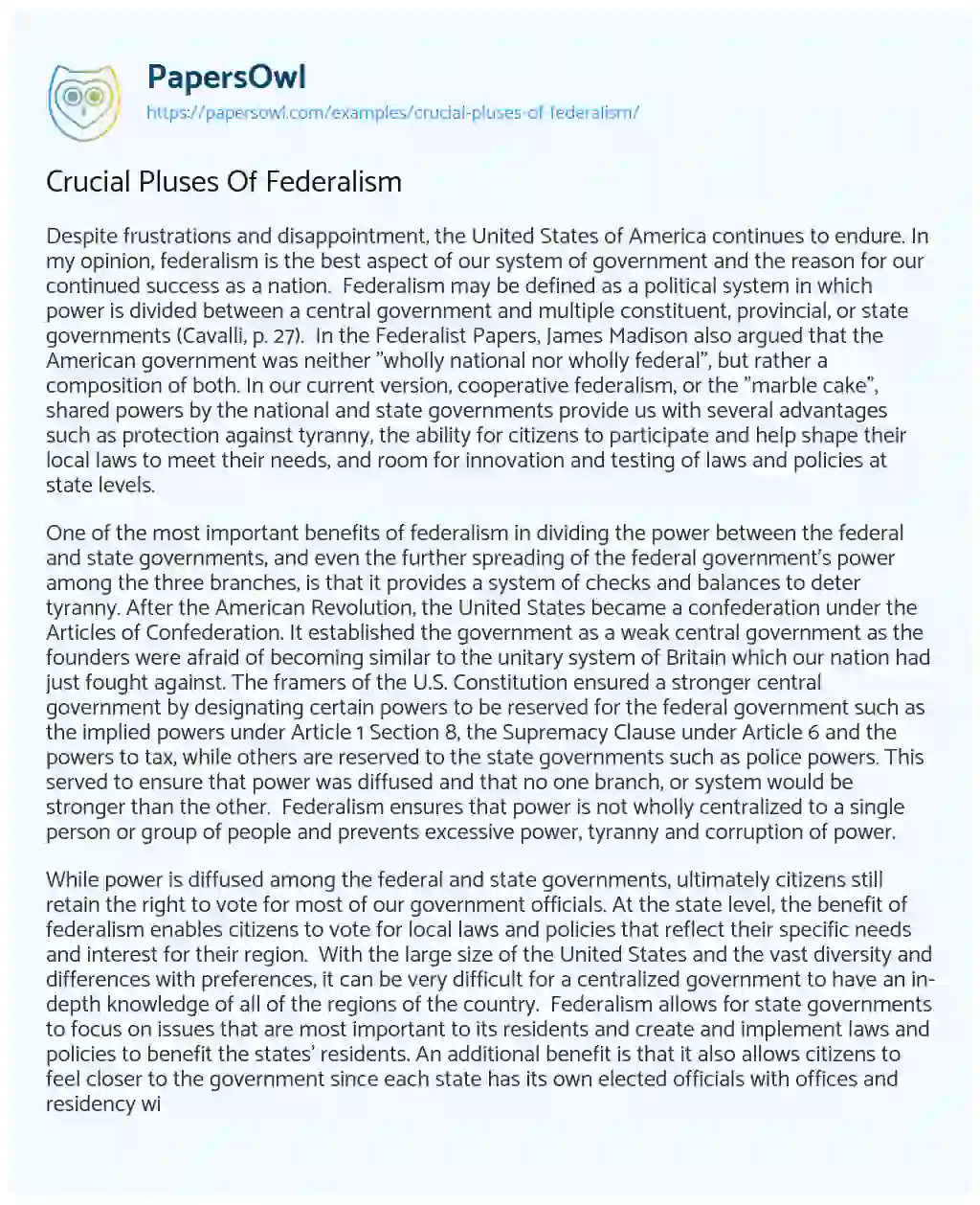 Essay on Crucial Pluses of Federalism
