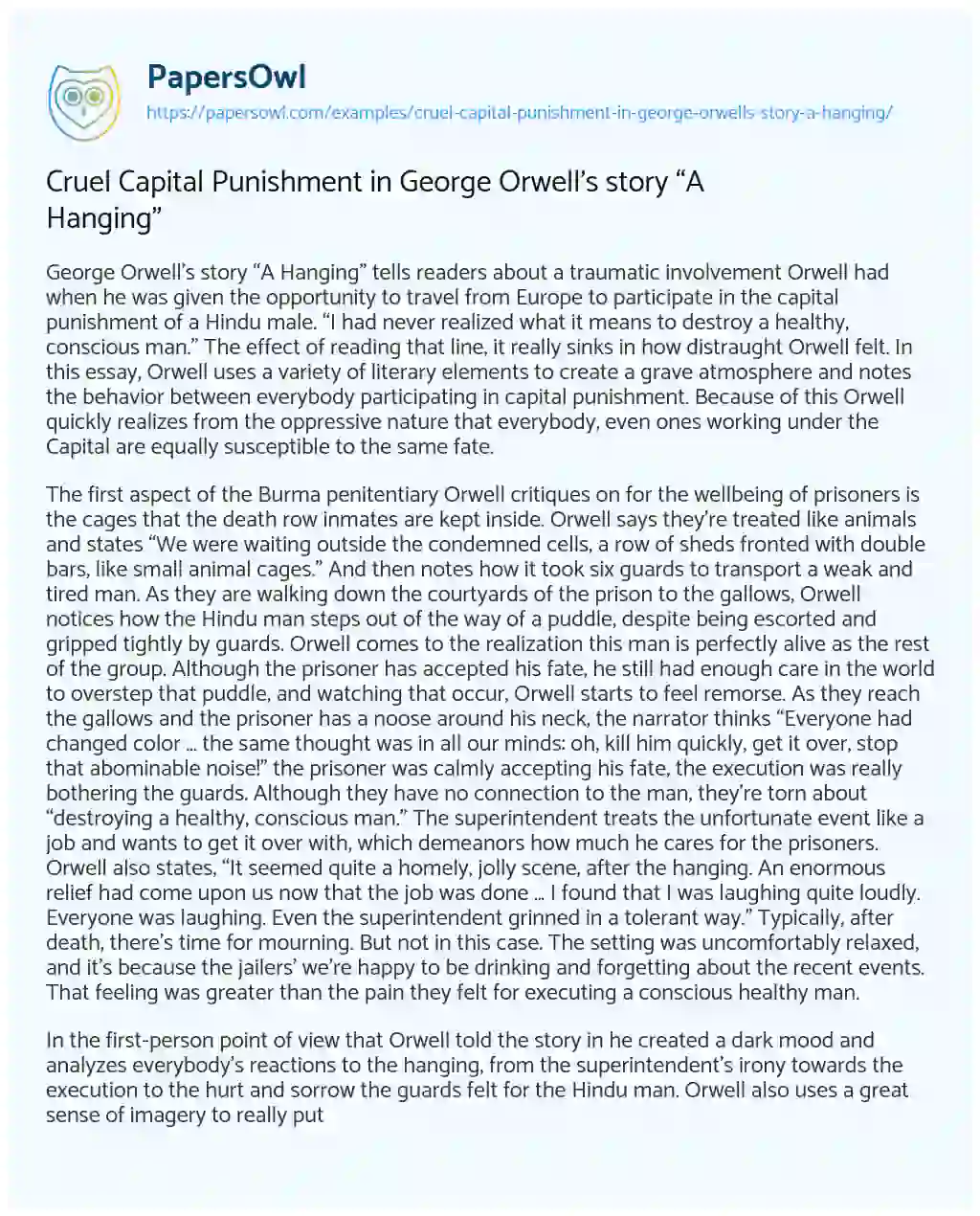 Essay on Cruel Capital Punishment in George Orwell’s Story “A Hanging”