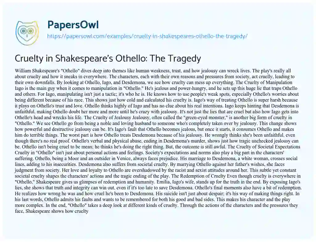 Essay on Cruelty in Shakespeare’s Othello: the Tragedy