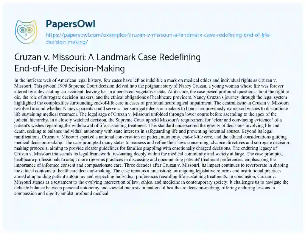 Essay on Cruzan V. Missouri: a Landmark Case Redefining End-of-Life Decision-Making