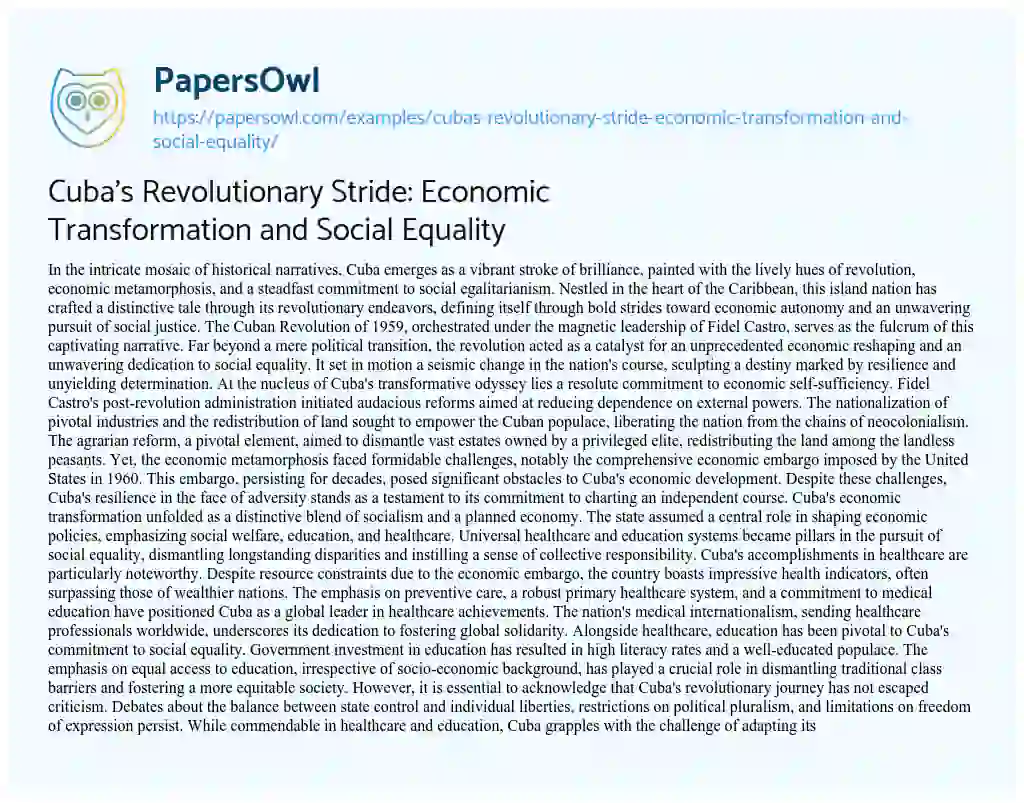 Essay on Cuba’s Revolutionary Stride: Economic Transformation and Social Equality