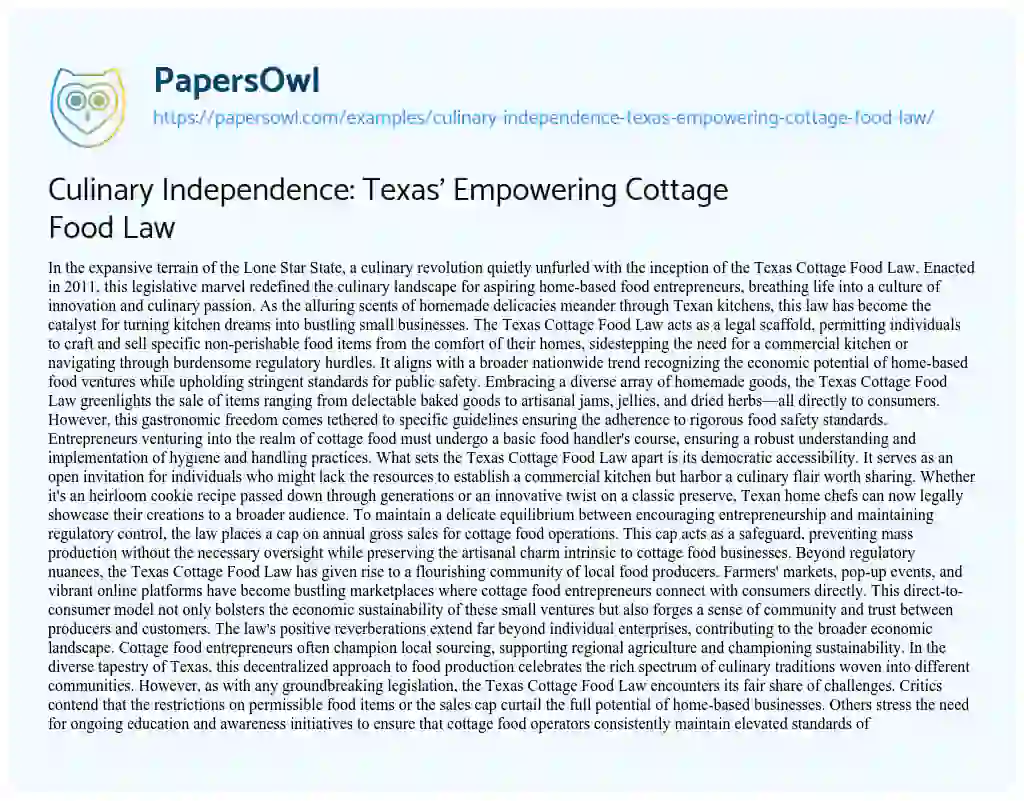 Essay on Culinary Independence: Texas’ Empowering Cottage Food Law