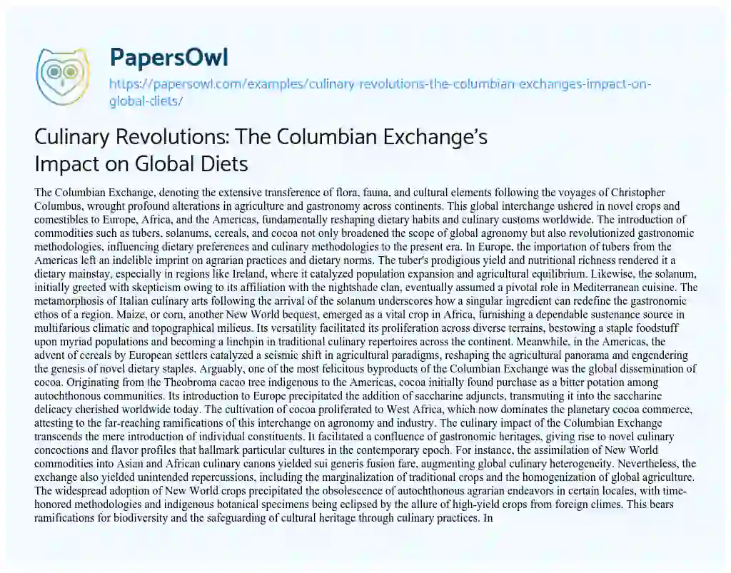 Essay on Culinary Revolutions: the Columbian Exchange’s Impact on Global Diets