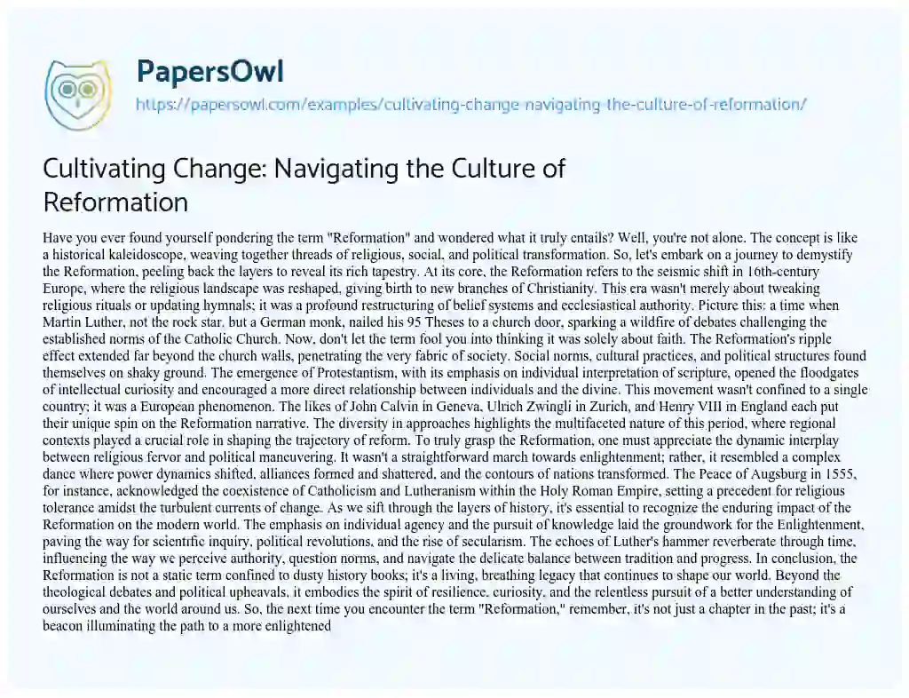 Essay on Cultivating Change: Navigating the Culture of Reformation