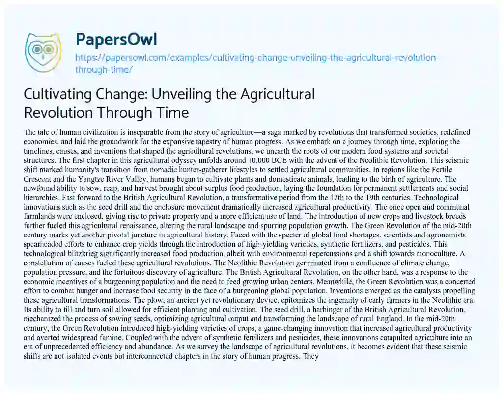 Essay on Cultivating Change: Unveiling the Agricultural Revolution through Time
