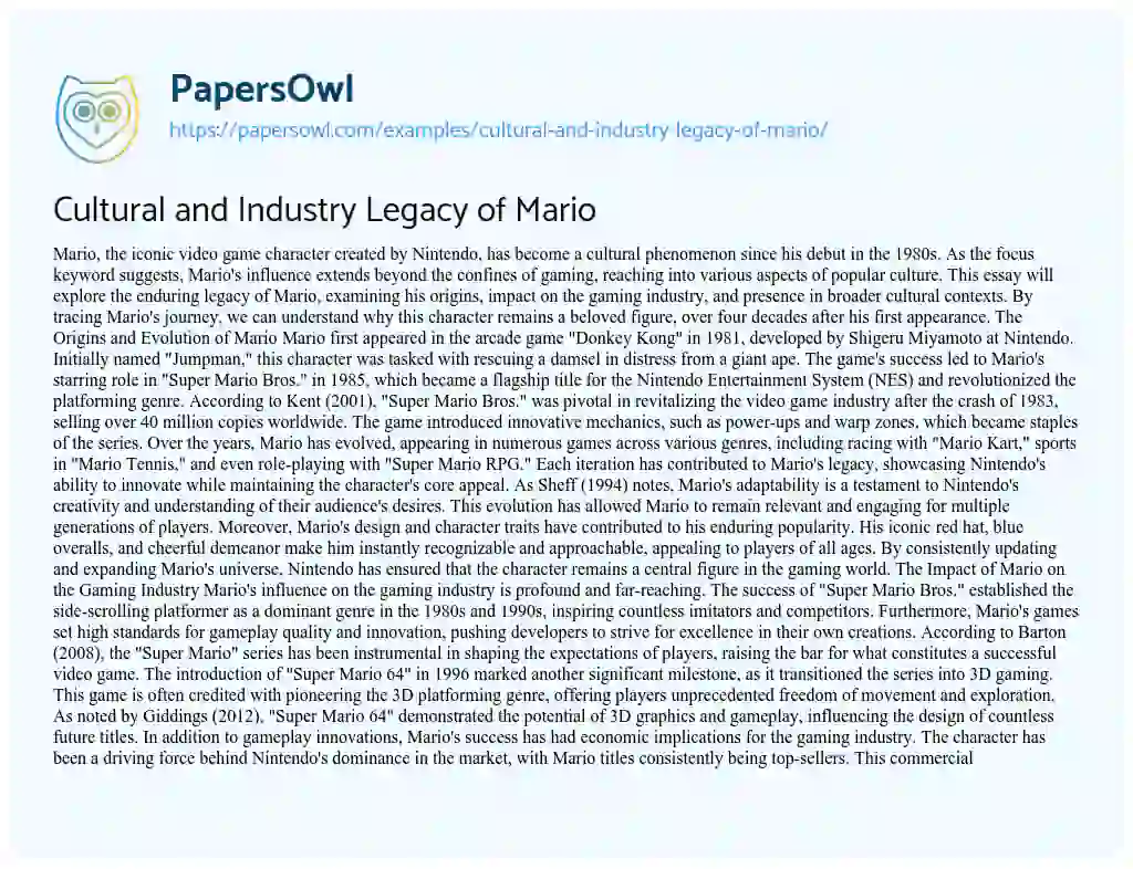 Essay on Cultural and Industry Legacy of Mario