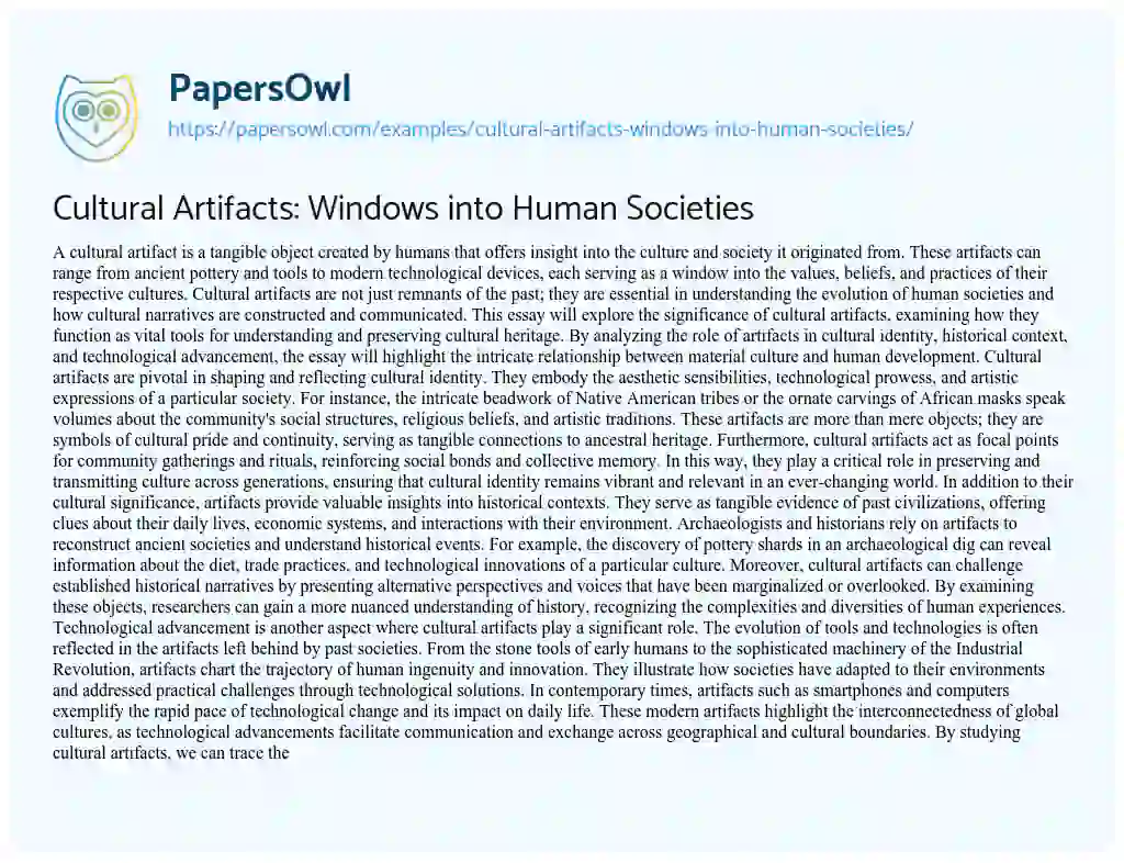 Essay on Cultural Artifacts: Windows into Human Societies