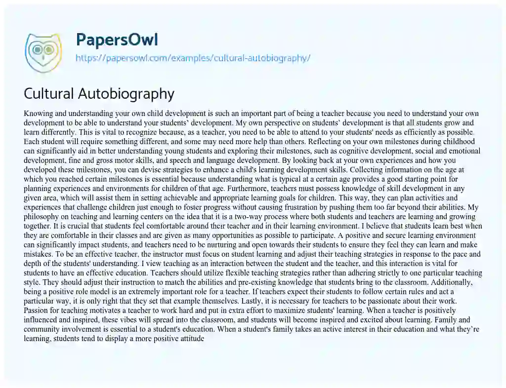 Essay on Cultural Autobiography