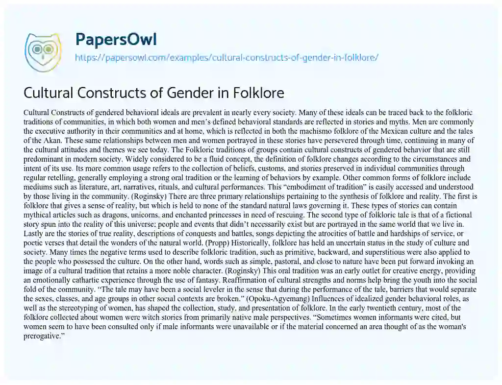 Essay on Cultural Constructs of Gender in Folklore