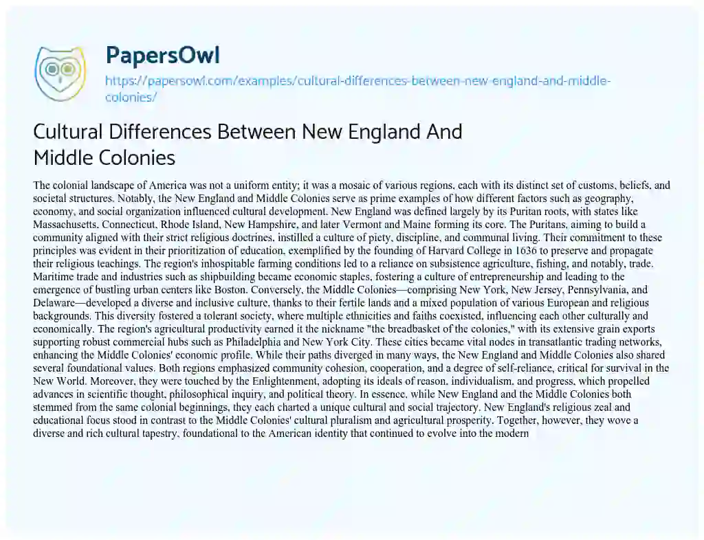 Essay on Cultural Differences between New England and Middle Colonies