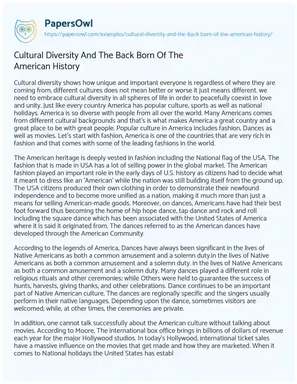 Essay on Cultural Diversity and the Back Born of the American History