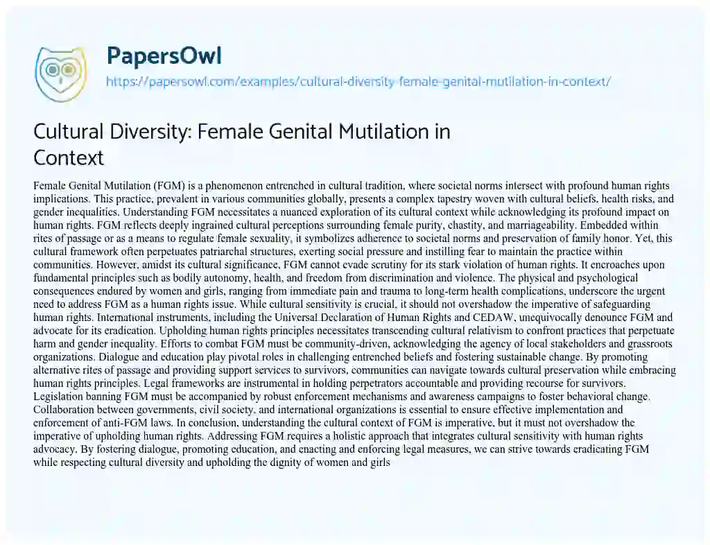 Essay on Cultural Diversity: Female Genital Mutilation in Context