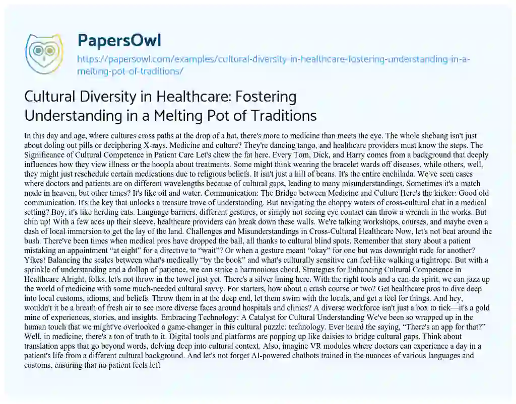 Essay on Cultural Diversity in Healthcare: Fostering Understanding in a Melting Pot of Traditions